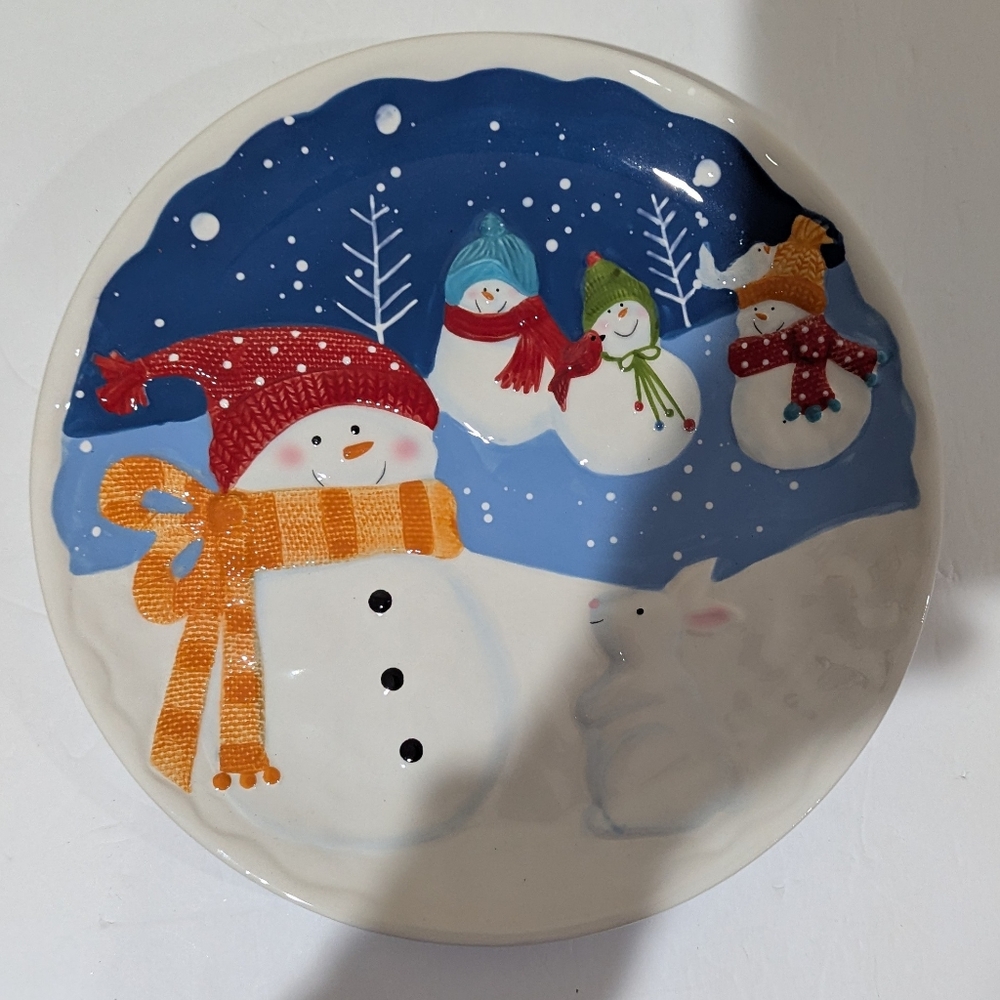 St. Nicholas Festive Snowman and Snowbunny Plate. 11" Diameter